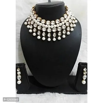 JN HANDICRAFT Glass Base Metal and Pearl Choker Necklace & Earrings Set for Women & Girls (White)-thumb2