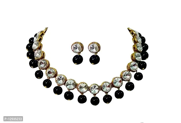 Jn Handicraft White Beads Kundan Stone Studded Necklace Set For Women/Girls - Black-thumb0