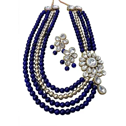 JN HANDICRAFT� Blue Pearl Glass 4-Layer Kundan Necklace for Women - Blue