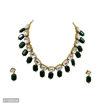 JN HANDICRAFT™ Green Square Pearl Kundan Necklace for Women - Pearl-thumb0