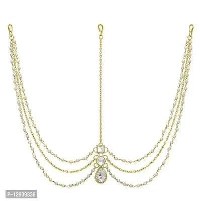 JN HANDICRAFT Traditional Mangtika Gold Pearl Stylish Chain Maang Tikka Jewellery for Women Girls(Design-3)