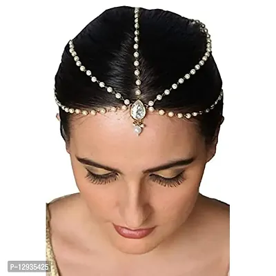 JN HANDICRAFT Traditional Gold Pearl Stone Chain MangTikka Stylish Hair Jewellery Set for Women Girls(Design-6)