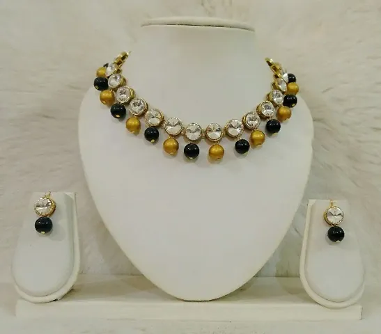 Kundan and Glass Bead Necklace With Earrings For Women and Girls