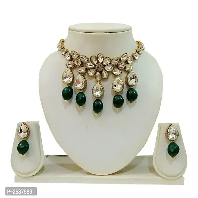 Kundan Chokar Necklace set with Earring Green-thumb0