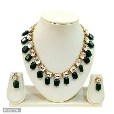 Kundan Square Stone Necklace set with Earring Green-thumb0