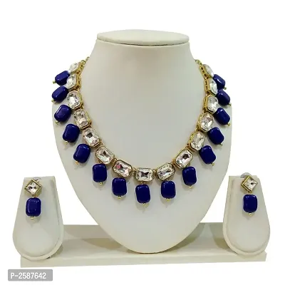 Kundan Square Stone Necklace set with Earring Blue-thumb0