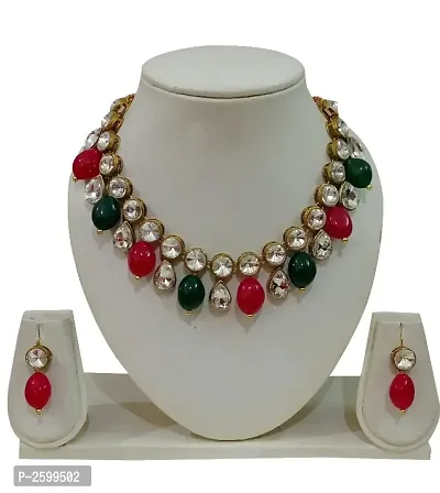 Maroon Green Antique Beads And Kundan Necklace Set With Earring-thumb0