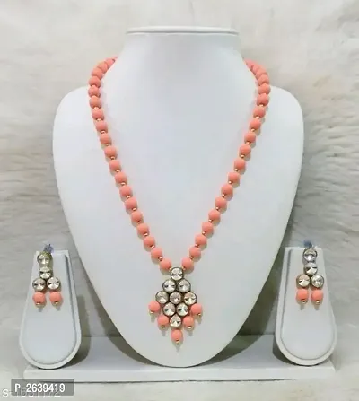 Peach Alloy Kundan Beads Nacklace Set-thumb0