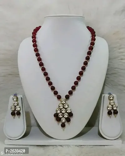 Maroon Alloy Kundan Beads Nacklace Set