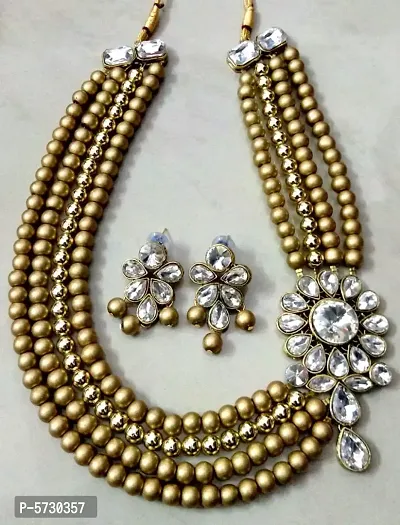 Trendy Alloy 4 Layer Pearl Kundan Necklace Set for Women