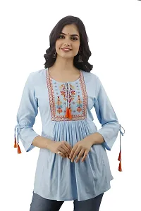 DMP FASHION Women's Rayon Embroidery Work Top with Tasseles at Front and on Both Sleeves-thumb2