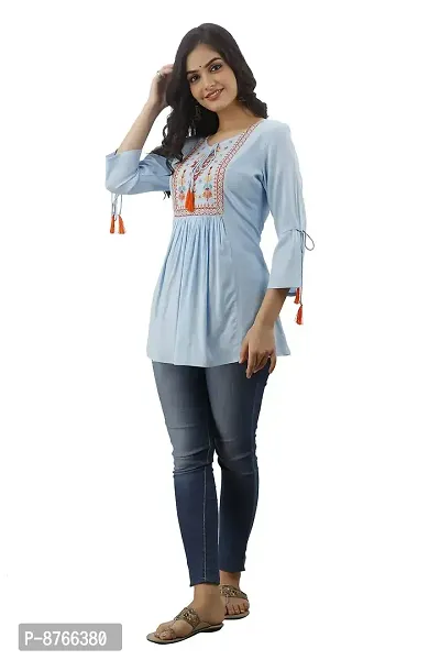 DMP FASHION Women's Rayon Embroidery Work Top with Tasseles at Front and on Both Sleeves-thumb0