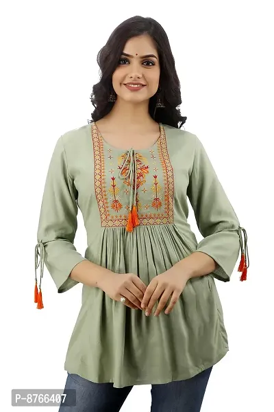 DMP FASHION Women's Rayon Embroidery Work Top with Tasseles at Front and on Both Sleeves-thumb4