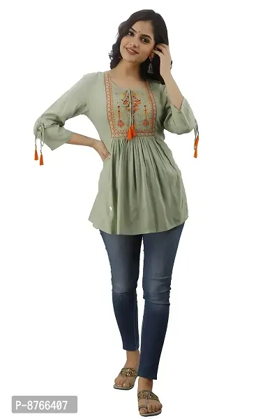 DMP FASHION Women's Rayon Embroidery Work Top with Tasseles at Front and on Both Sleeves