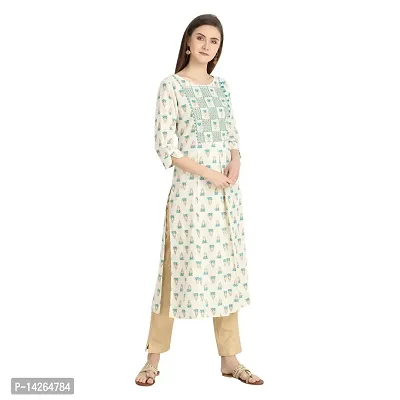 Trendy Cotton Off White And Sea Blue Embroidered Round Neck 3/4 Sleeve Kurta For Women-thumb4