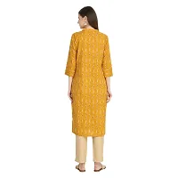 Trendy Cotton Mustard Ikkat Printed Mandarin Collar 3/4 Sleeve Straight Kurta For Women-thumb4