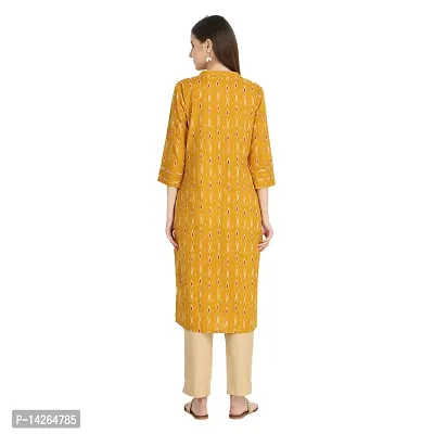 Trendy Cotton Mustard Ikkat Printed Mandarin Collar 3/4 Sleeve Straight Kurta For Women-thumb5