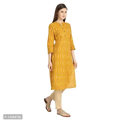 Trendy Cotton Mustard Ikkat Printed Mandarin Collar 3/4 Sleeve Straight Kurta For Women-thumb4