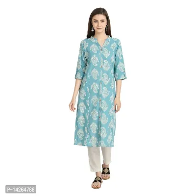 Trendy Cotton Sea Blue Printed Mandarin Collar 3/4 Sleeve Straight Kurta For Women