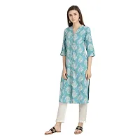 Trendy Cotton Sea Blue Printed Mandarin Collar 3/4 Sleeve Straight Kurta For Women-thumb1