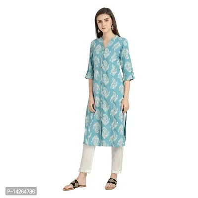 Trendy Cotton Sea Blue Printed Mandarin Collar 3/4 Sleeve Straight Kurta For Women-thumb2