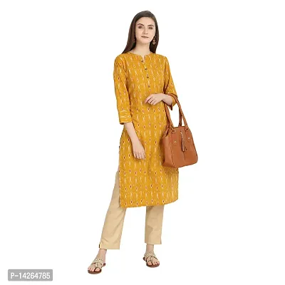 Trendy Cotton Mustard Ikkat Printed Mandarin Collar 3/4 Sleeve Straight Kurta For Women-thumb0