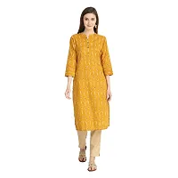 Trendy Cotton Mustard Ikkat Printed Mandarin Collar 3/4 Sleeve Straight Kurta For Women-thumb1