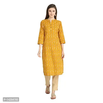 Trendy Cotton Mustard Ikkat Printed Mandarin Collar 3/4 Sleeve Straight Kurta For Women-thumb2