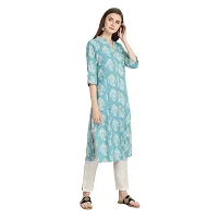 Trendy Cotton Sea Blue Printed Mandarin Collar 3/4 Sleeve Straight Kurta For Women-thumb2