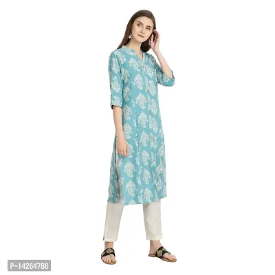 Trendy Cotton Sea Blue Printed Mandarin Collar 3/4 Sleeve Straight Kurta For Women-thumb3