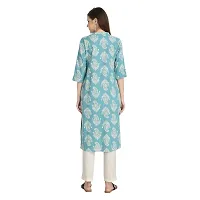 Trendy Cotton Sea Blue Printed Mandarin Collar 3/4 Sleeve Straight Kurta For Women-thumb3