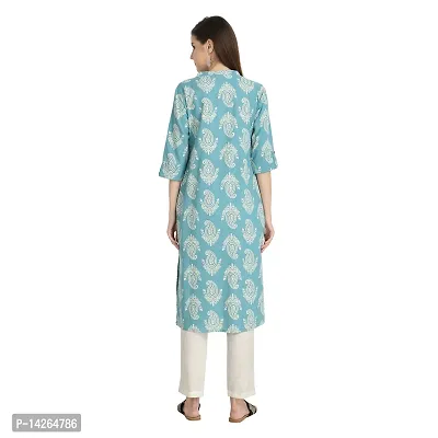 Trendy Cotton Sea Blue Printed Mandarin Collar 3/4 Sleeve Straight Kurta For Women-thumb4