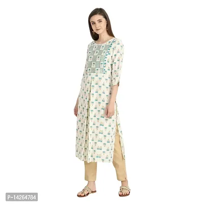 Trendy Cotton Off White And Sea Blue Embroidered Round Neck 3/4 Sleeve Kurta For Women-thumb3