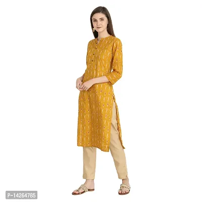 Trendy Cotton Mustard Ikkat Printed Mandarin Collar 3/4 Sleeve Straight Kurta For Women-thumb3