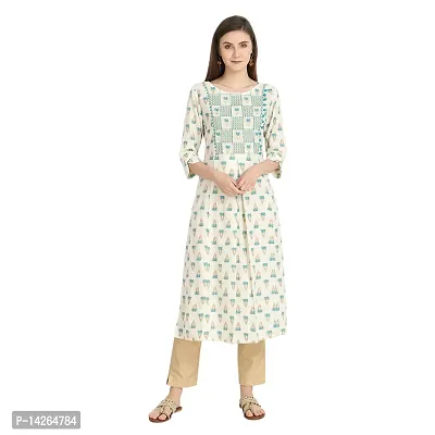 Trendy Cotton Off White And Sea Blue Embroidered Round Neck 3/4 Sleeve Kurta For Women-thumb2