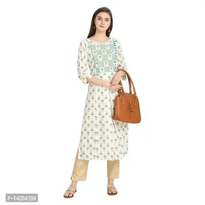 Trendy Cotton Off White And Sea Blue Embroidered Round Neck 3/4 Sleeve Kurta For Women