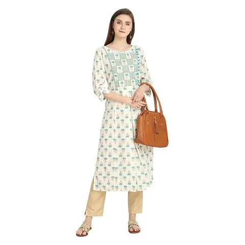 Trendy Off And Sea Embroidered Round Neck 3/4 Sleeve Kurta For Women