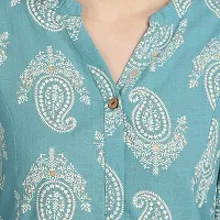 Trendy Cotton Sea Blue Printed Mandarin Collar 3/4 Sleeve Straight Kurta For Women-thumb4