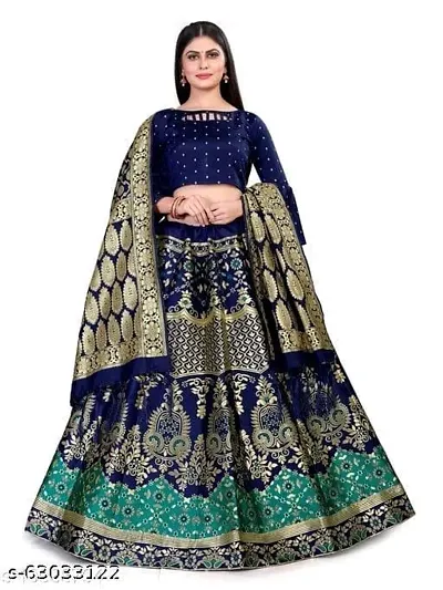 Drashti Villa Women's Wedding Special Semi Stiched Blue Heavy Jecquard Banarasi Silk Lehenga Choli With Banarasi Duptta (Blue_Free XXL)