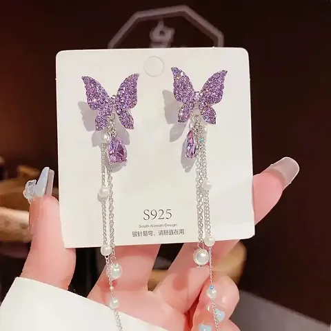 Yellow Chimes Earrings For Women Silver Tone Purple Crystal Butterfly Lever Back Drop Earrings For Women and Girls