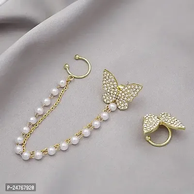 Onuyx Korean Earrings For Women  Girls /Gold Butterfly Earrings With Chain Zircon Alloy Drops  Danglers-thumb0