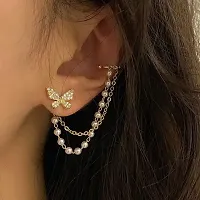 Onuyx Korean Earrings For Women  Girls /Gold Butterfly Earrings With Chain Zircon Alloy Drops  Danglers-thumb1