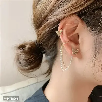 Onuyx Korean Earrings For Women  Girls /Gold Butterfly Earrings With Chain Zircon Alloy Drops  Danglers