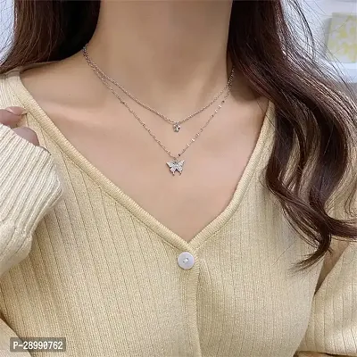 Onuyx Korean Pendant For Girls  Women /Silver Plated Butterfly Pendant Necklace Zircon Silver Plated Alloy Chain