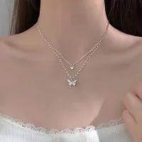 Onuyx Korean Pendant For Girls  Women /Silver Plated Butterfly Pendant Necklace Zircon Silver Plated Alloy Chain-thumb3