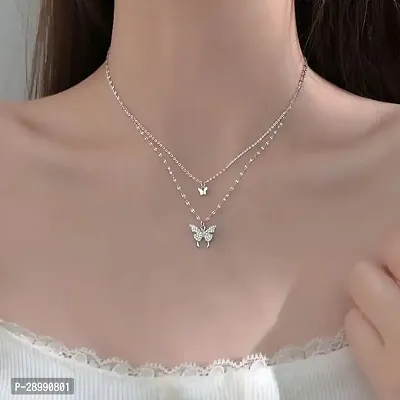 Onuyx Korean Pendant For Girls  Women /Silver Plated Butterfly Pendant Necklace Zircon Silver Plated Alloy Chain-thumb4