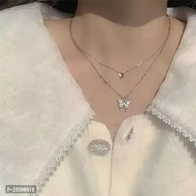 Onuyx Korean Pendant For Girls  Women /Silver Plated Butterfly Pendant Necklace Zircon Silver Plated Alloy Chain