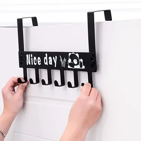 Heavy-Duty Over Door Hook Carben Steel | Nice Day Print Hook | Cloth Hanger for Door | Removable Door Hook | Towel Hanger Bathroom Door | Black !! 6 Hooks !!