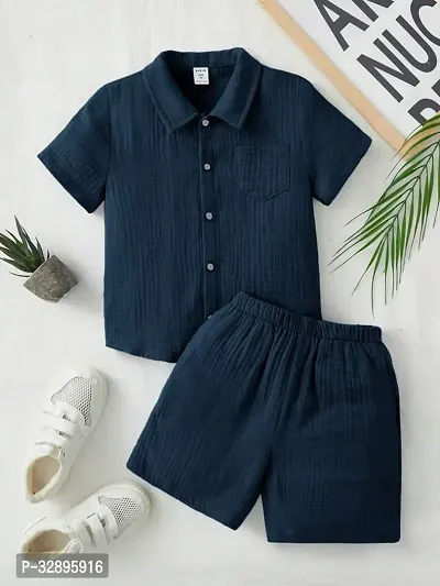 Stylish Navy Blue Cotton Blend Shirts With Shorts For Kids-thumb0