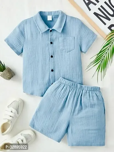 Stylish Blue Cotton Blend Shirts With Shorts For Kids-thumb0